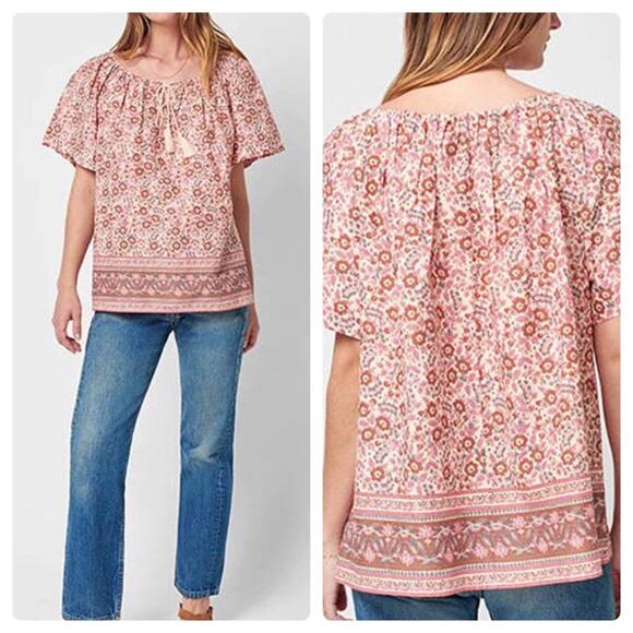 Faherty Florence Peasant Top Earth Block Print - Picture 1 of 15